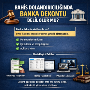 Bahis dolandırıcılığında banka dekontunun delil niteliğini anlatan kare format hukuk görseli