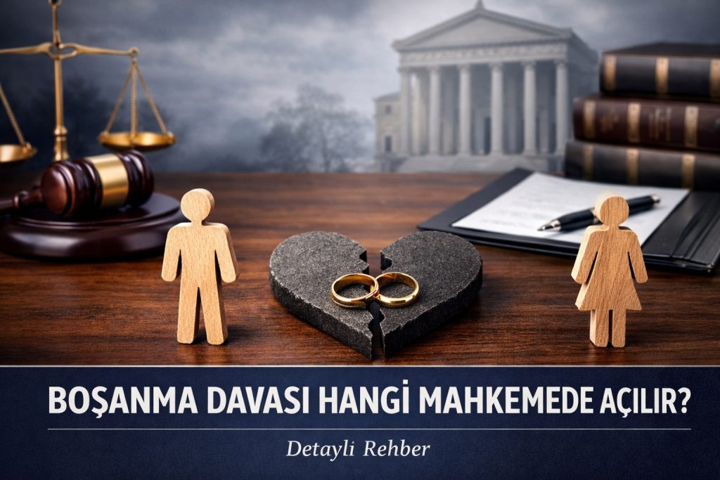 Boşanma davasının hangi mahkemede açılacağını anlatan yatay formatta kurumsal hukuk görseli