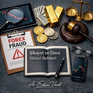 Forex dolandırıcılığı mağdurları için hukuki başvuru ve dava sürecini konu alan sade kurumsal görsel