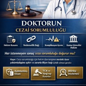 Hekimin ceza sorumluluğu, aydınlatılmış onam, komplikasyon ayrımı ve TCK kapsamında değerlendirme içeren hukuk bürosu görseli