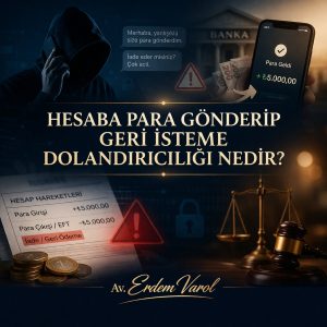 Hesaba para gönderip geri isteme dolandırıcılığı konulu kurumsal hukuk görseli, Av. Erdem Varol imzalı.