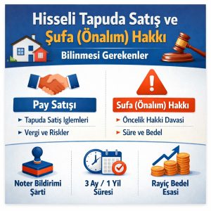 Hisseli tapuda pay satışı ve şufa (önalım) hakkını anlatan kare infografik; noter bildirimi, süre ve rayiç bedel gibi temel başlıkları özetler.