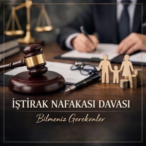 İştirak nafakası davasını temsil eden tokmak, aile figürleri ve hukuk ofisi temalı kurumsal görsel