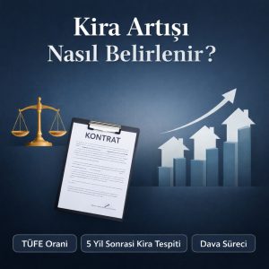 Kira artışı nasıl belirlenir konulu, terazi, kira sözleşmesi ve yükselen grafik öğeleri içeren kurumsal hukuk bürosu görseli