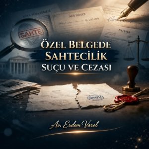Özel belgede sahtecilik suçu ve cezasını konu alan kurumsal hukuk görseli
