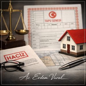 Takyidat sorgulama sürecini temsil eden tapu kaydı, haciz belgesi ve hukuki inceleme temalı kurumsal görsel