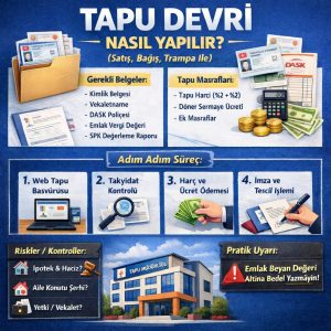 Tapu devri sürecini anlatan kare infografik: gerekli belgeler, tapu harcı ve döner sermaye, adım adım işlem akışı ve dikkat edilmesi gerekenler.