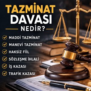 Tazminat davası nedir konulu maddi ve manevi tazminat türlerini anlatan kare hukuk görseli