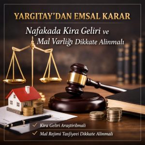 Yargıtay’ın nafakada kira geliri ve mal varlığının dikkate alınmasına ilişkin emsal kararını temsil eden terazi, tokmak ve ev görseli