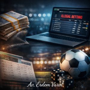 Yasadışı bahis cezası konulu görsel, bahis kuponu, futbol topu, zar ve bilgisayar ekranı ile Av. Erdem Varol imzası