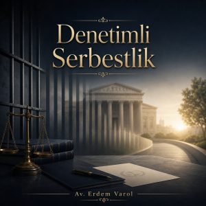 Denetimli serbestlik sürecini temsil eden adalet terazisi, hukuk kitapları ve ceza infaz hukukuna ilişkin kurumsal görsel
