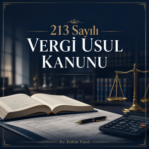 213 sayılı Vergi Usul Kanunu kapsamında vergi hukuku, adalet terazisi, kanun kitabı ve vergi belgelerini gösteren kurumsal hukuk görseli.