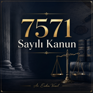 7571 Sayılı Kanun hakkında hazırlanan, adalet terazisi ve hukuk kitapları temalı Av. Erdem Varol imzalı kurumsal hukuk görseli.