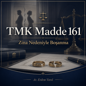 TMK Madde 161 kapsamında zina nedeniyle boşanma davasını simgeleyen, adalet terazisi, boşanma belgesi ve ayrılmış yüzüklerin yer aldığı kurumsal hukuk görseli